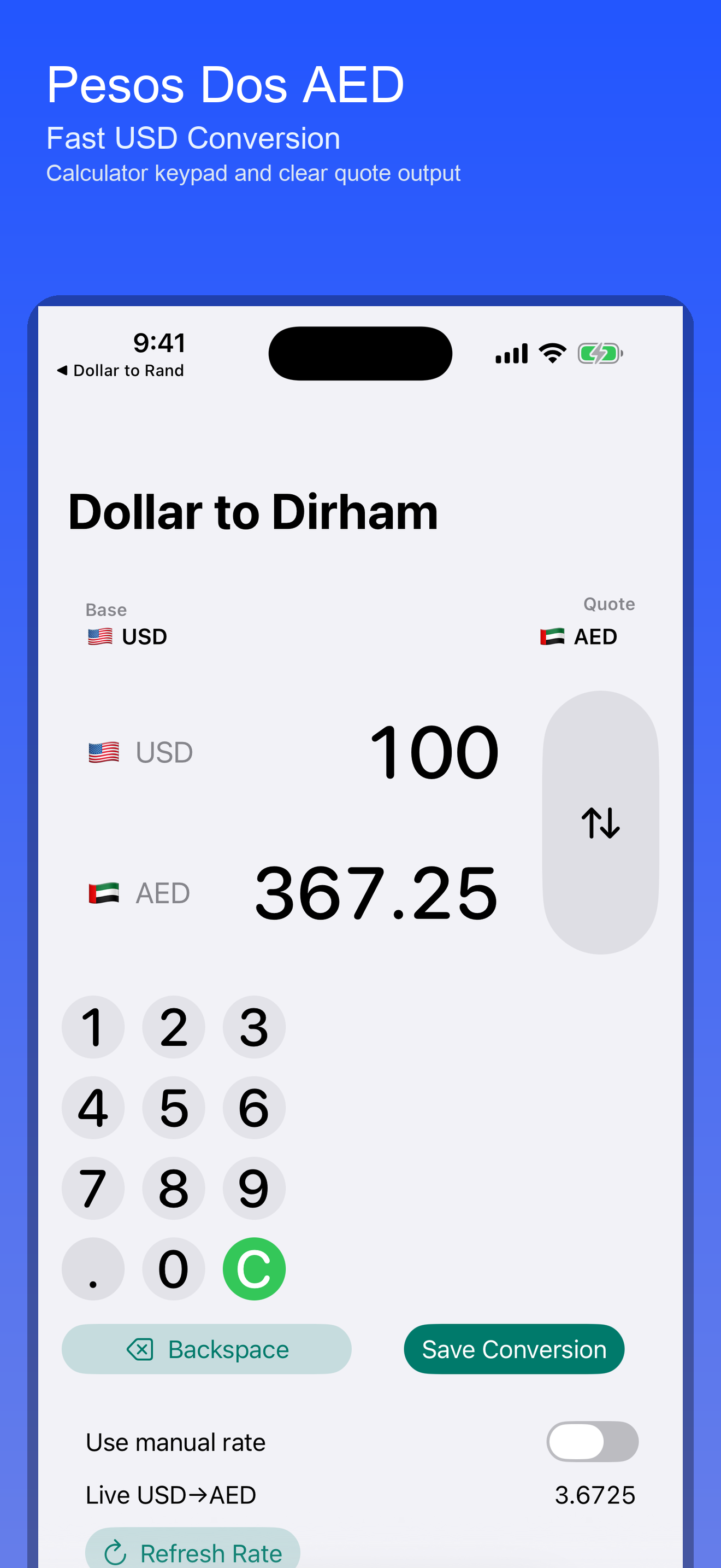 Dollar to Dirham — conversion screen