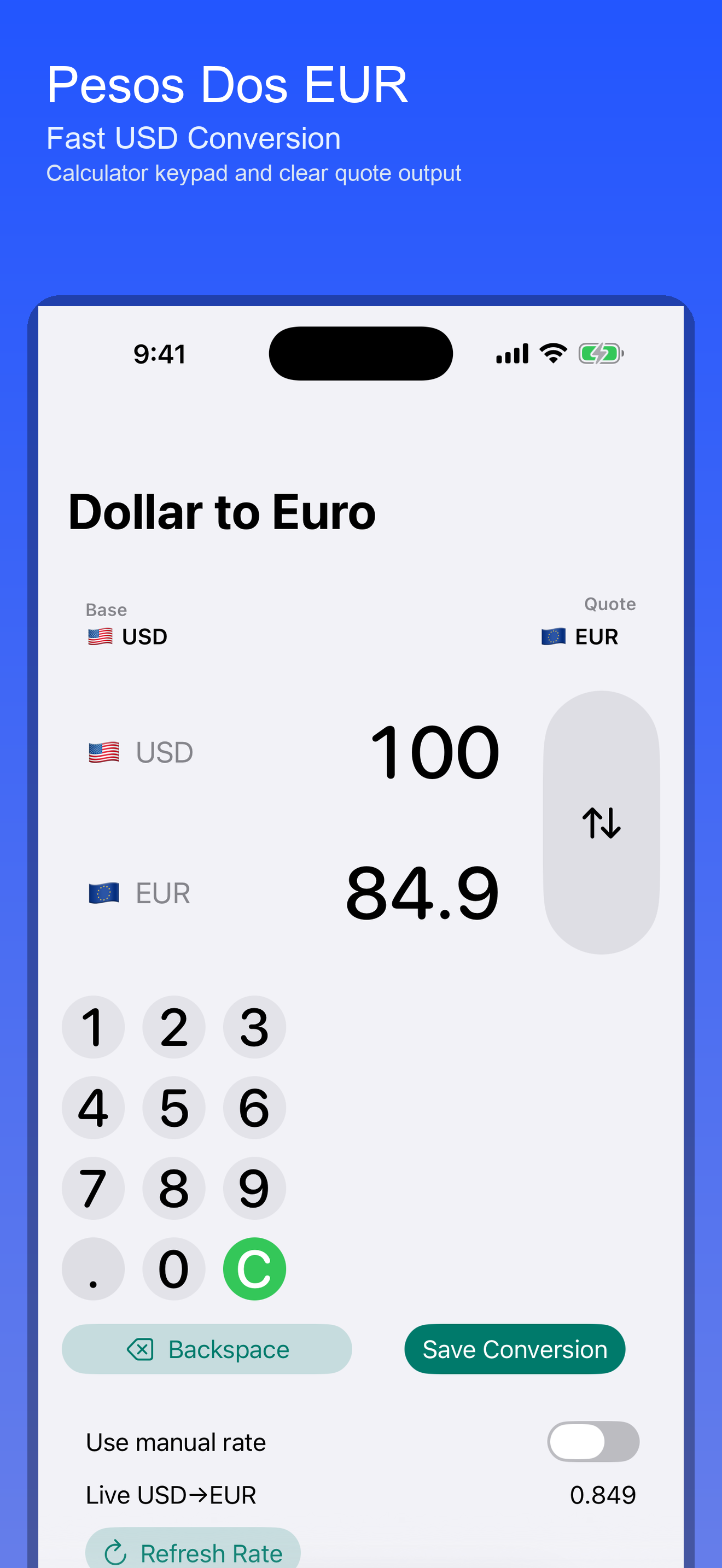 Dollar to Euro — conversion screen