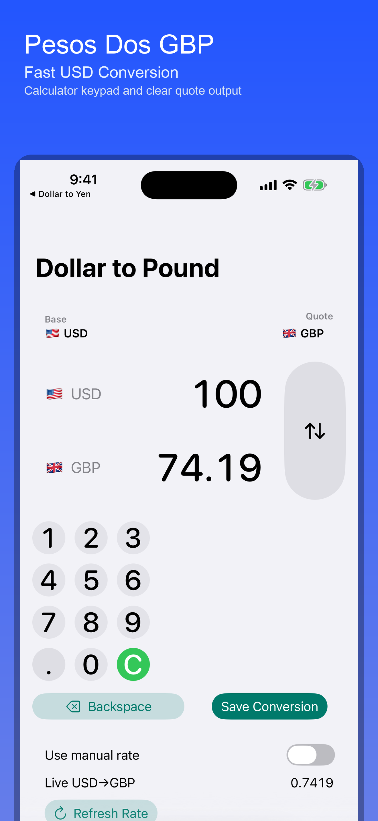 Dollar to Pound — conversion screen