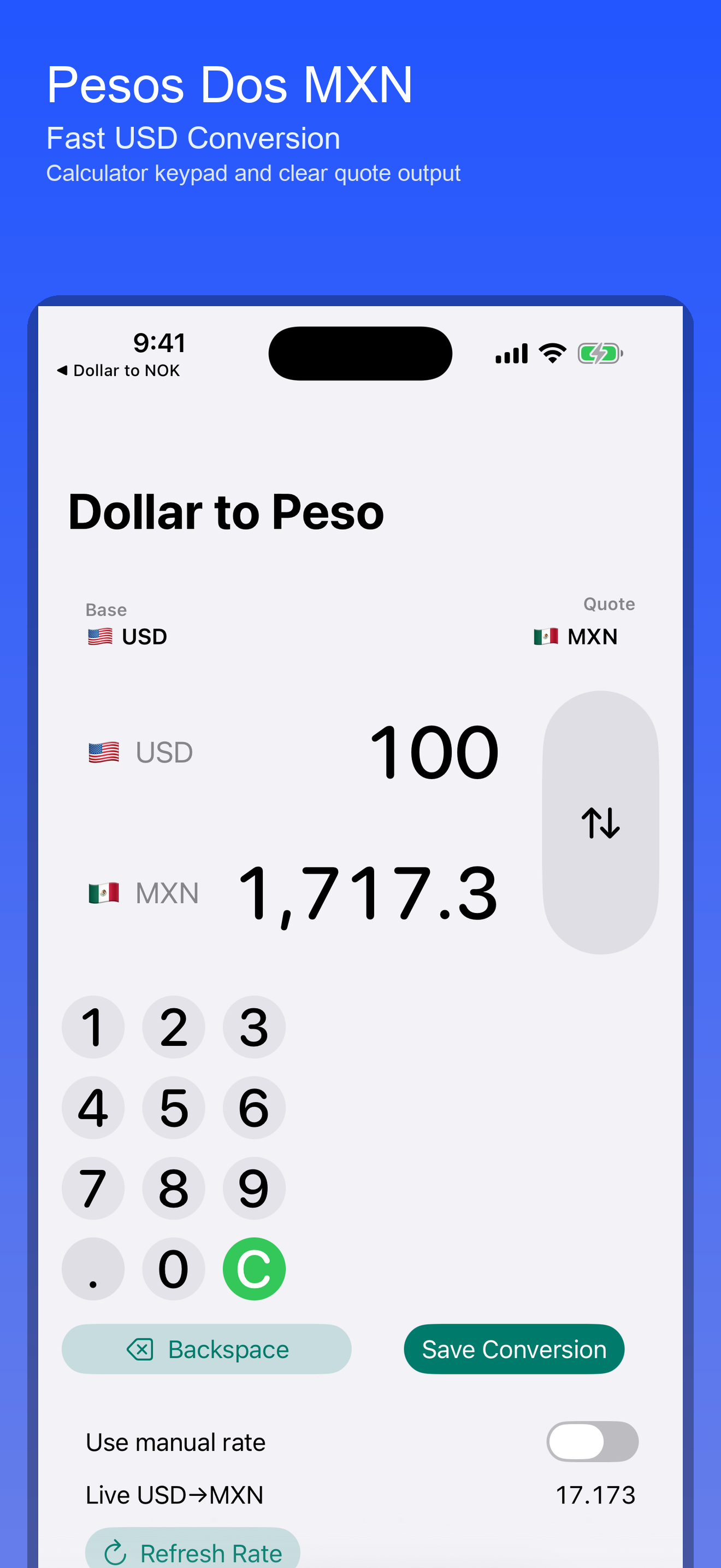 Dollar to Peso — conversion screen