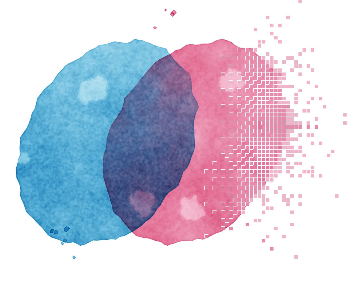 The Idle Fusion mark painted in blue and rose watercolor, its right side resolving into a grid of pixels.